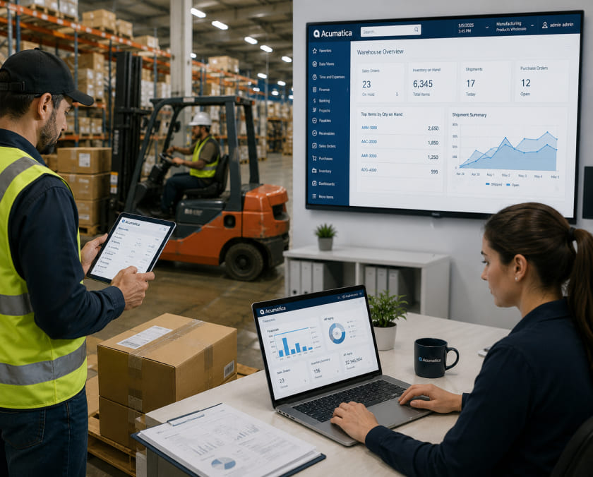 Operations team using Acumatica across warehouse and office image
