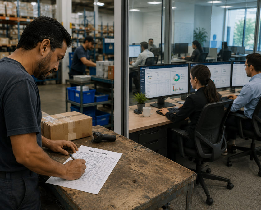 Warehouse staff using paper sheets while office teams use digital systems image