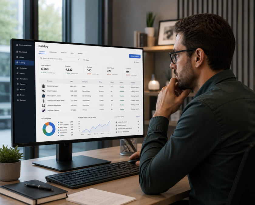 Ecommerce manager reviewing product catalog data image
