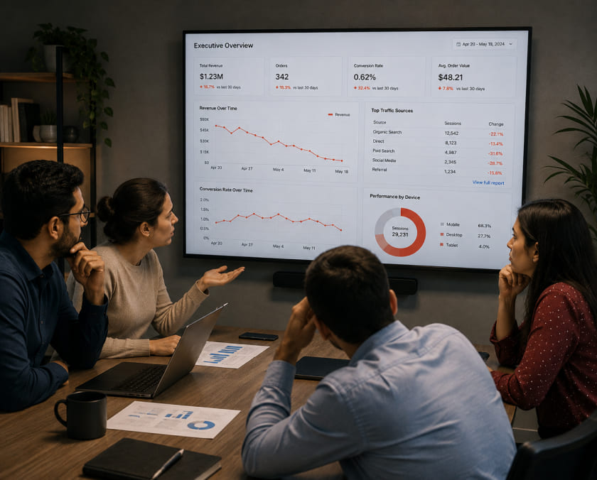 Enterprise team reviewing an dashboard image