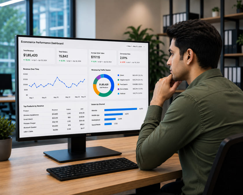 Ecommerce manager reviewing multi channel sales data image