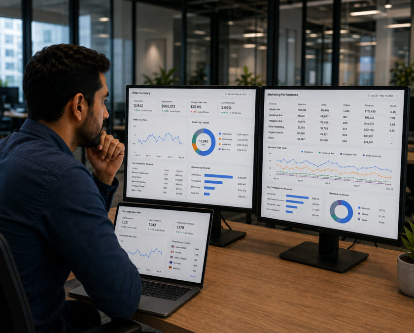 Ecommerce manager comparing sales and marketing dashboards image