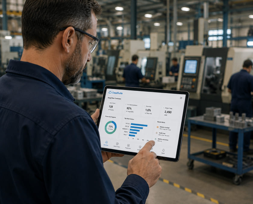 Production supervisor reviewing shop floor data on a tablet image