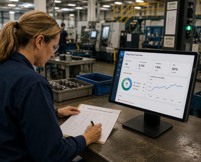 Production worker recording data beside an active shop floor dashboard image