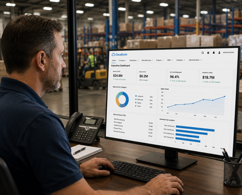 Operations manager reviewing a CloudSuite dashboard in a manufacturing facility image