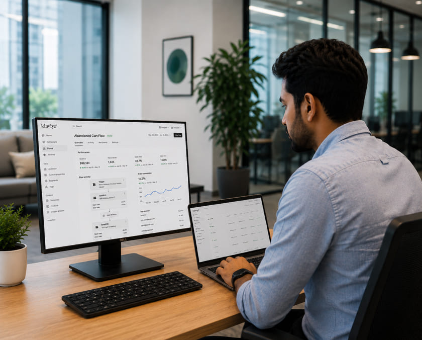 Ecommerce marketing manager reviewing Klaviyo flow performance data image