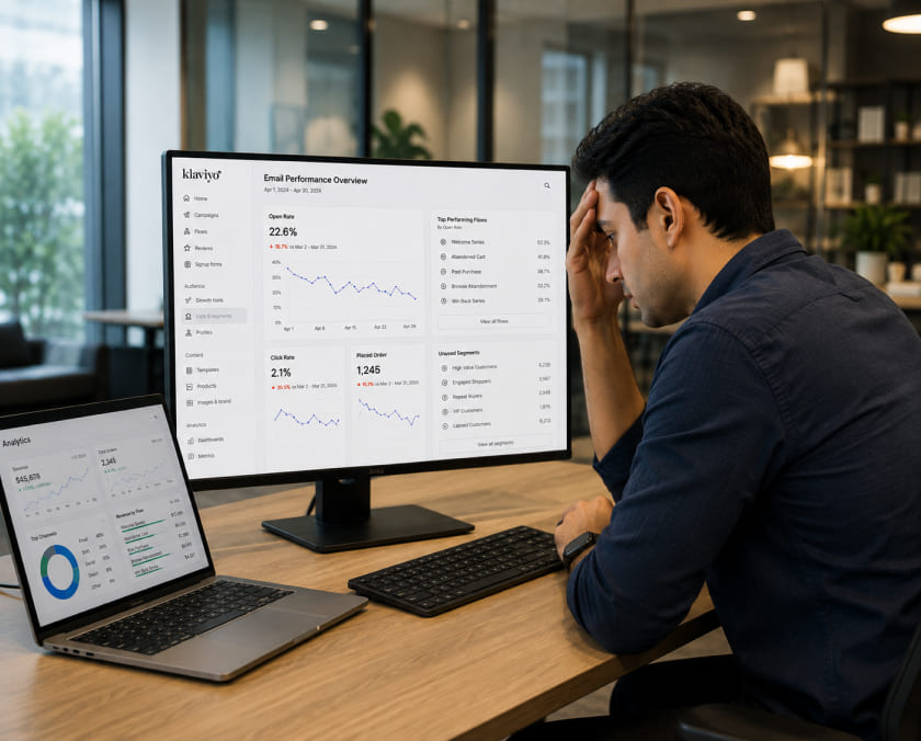 Marketing manager reviewing declining email performance data image