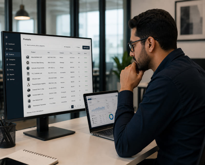 Ecommerce manager reviewing product catalog data image