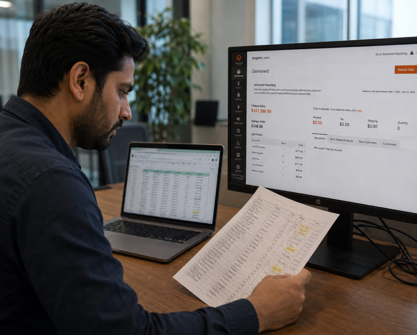 Ecommerce manager cross checking Magento and spreadsheet data image