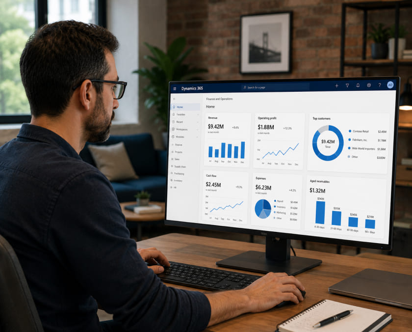 Manager reviewing a Dynamics 365 dashboard image