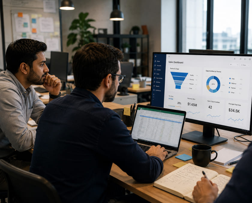 Sales team comparing spreadsheet data with a CRM dashboard image