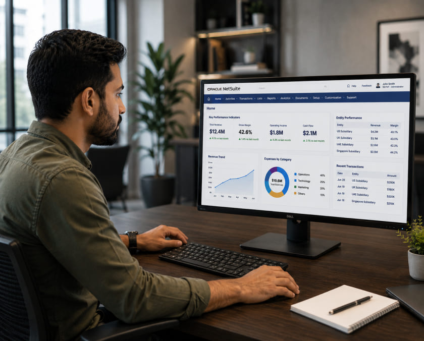 Finance leader reviewing a NetSuite multi entity dashboard image