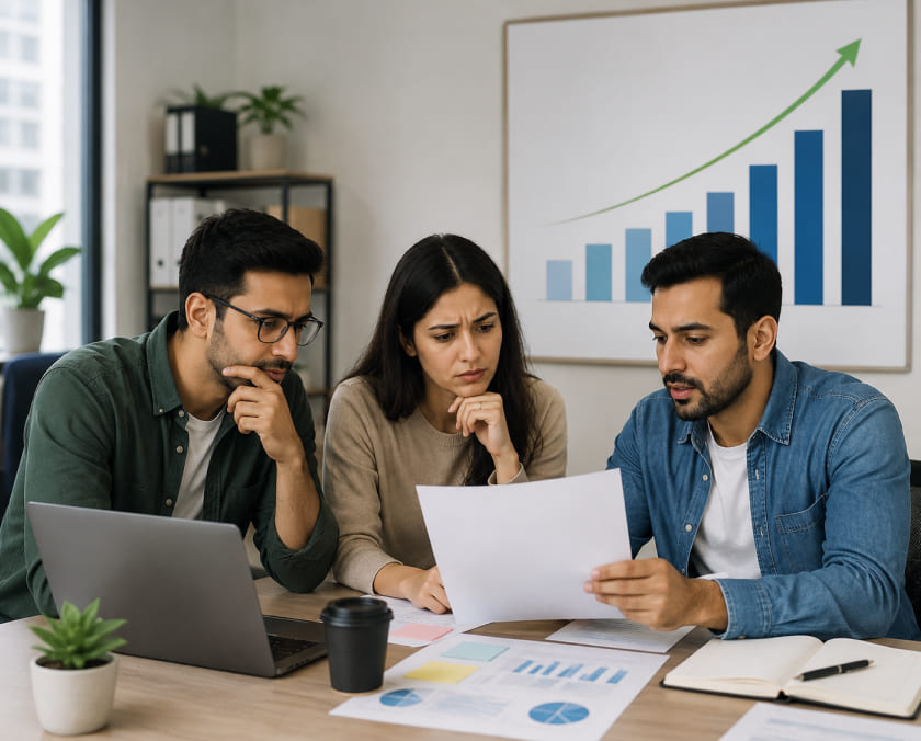Finance team reviewing outdated system image