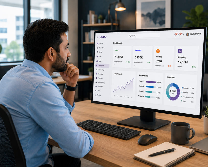 Operations manager reviewing an Odoo business dashboard image