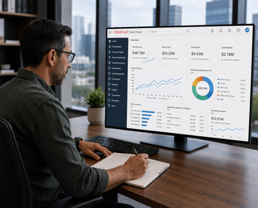 Finance leader reviewing a multi entity consolidation dashboard image