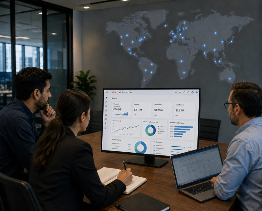 Team reviewing a regional dashboard with a global map image