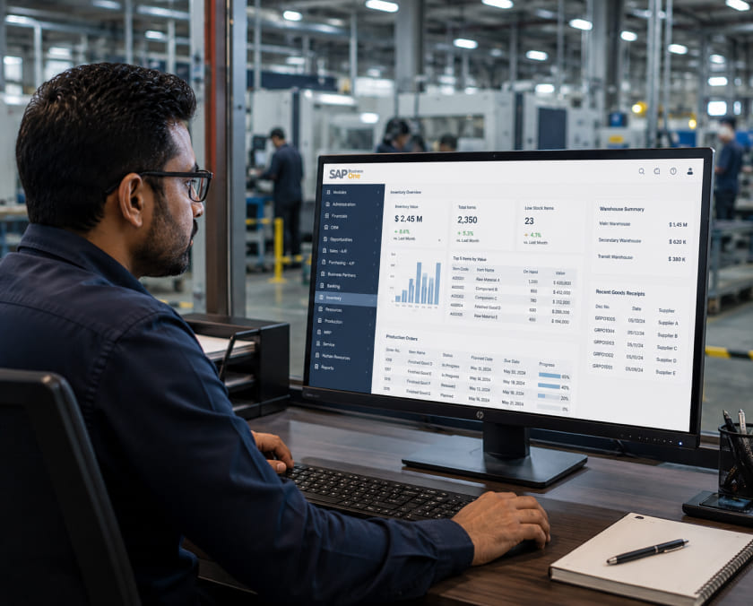 Operations manager reviewing SAP Business One inventory and production data image