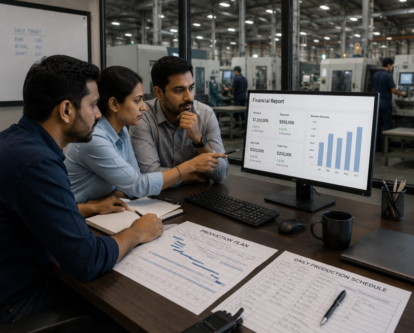 Finance team reviewing a financial report alongside paper production plans image