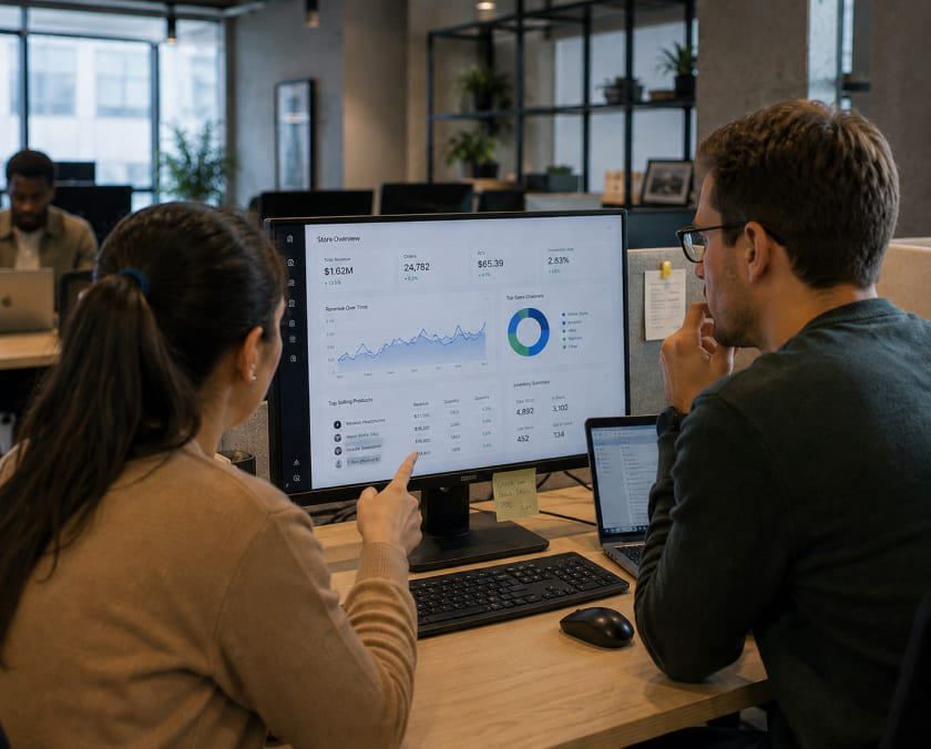 Ecommerce team reviewing store and inventory data image