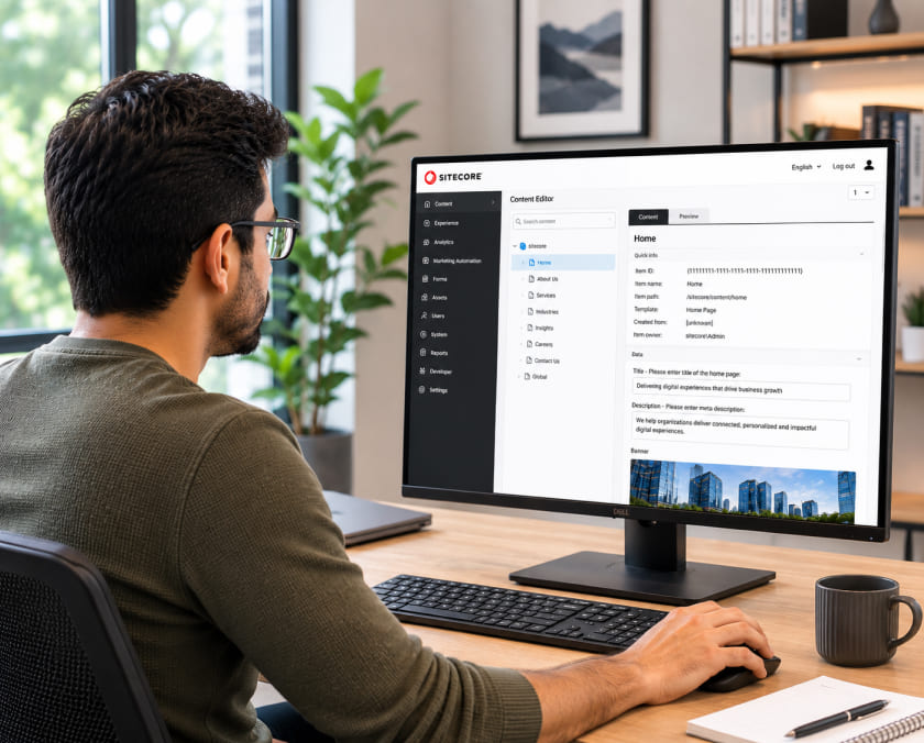 IT manager reviewing a Sitecore content management interface image