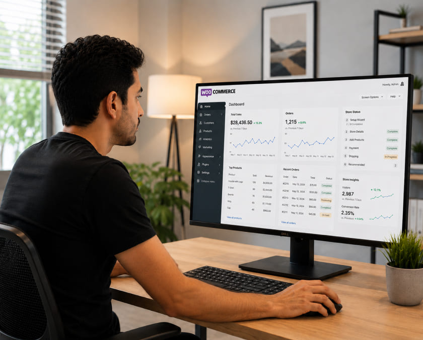 Ecommerce manager reviewing a WooCommerce dashboard image