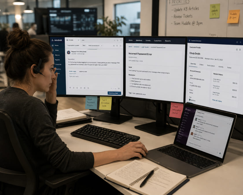 Support agent switching between customer service systems image